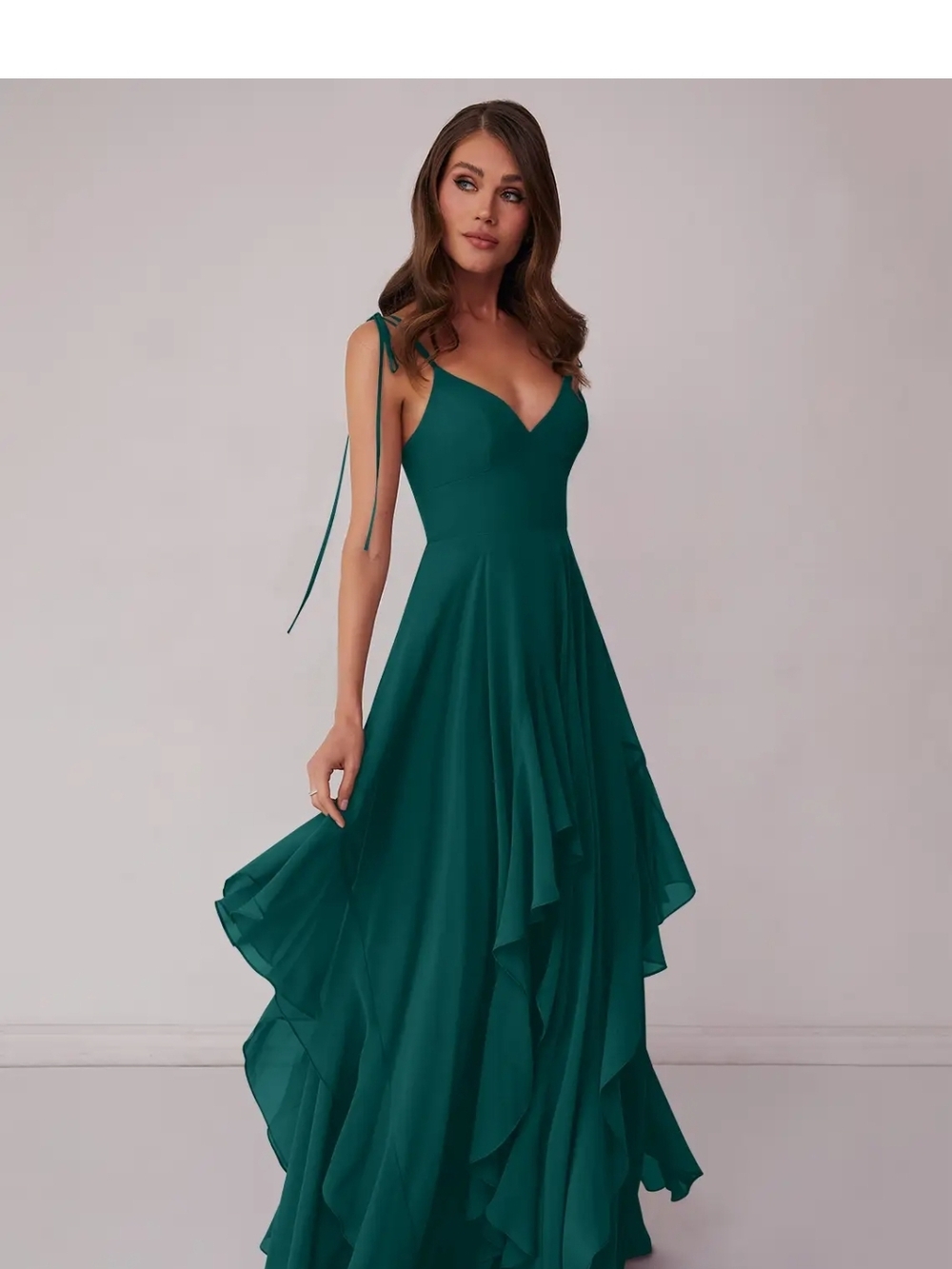 Azazie Barbie - Pine Green Spaghetti Strap Ruffle Maxi Dress